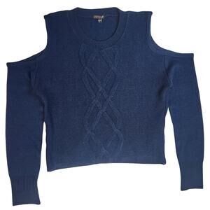 Copper Key Womens Blue Cold Shoulder Cable Knit Sweater-Size Small